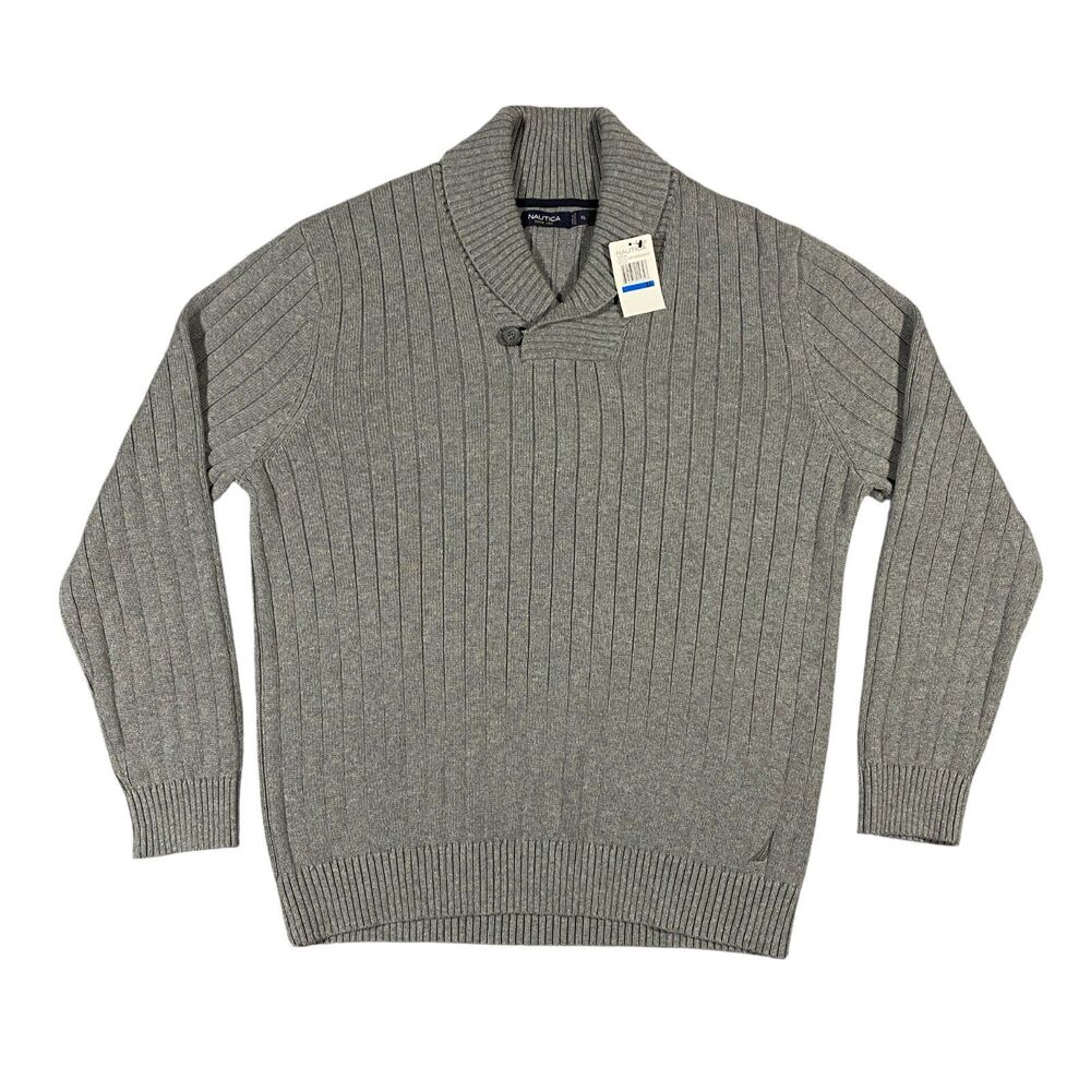 Nautica Shawl Collar Rib Knit Sweater Adult X-Large XL Gray Loop Button Casual